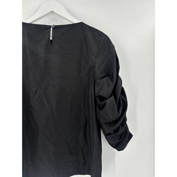 Tibi Blouse Womens 4 Black Ruched Ruffle 3/4 Sleeves Keyhole Back Button - Picture 10 of 16